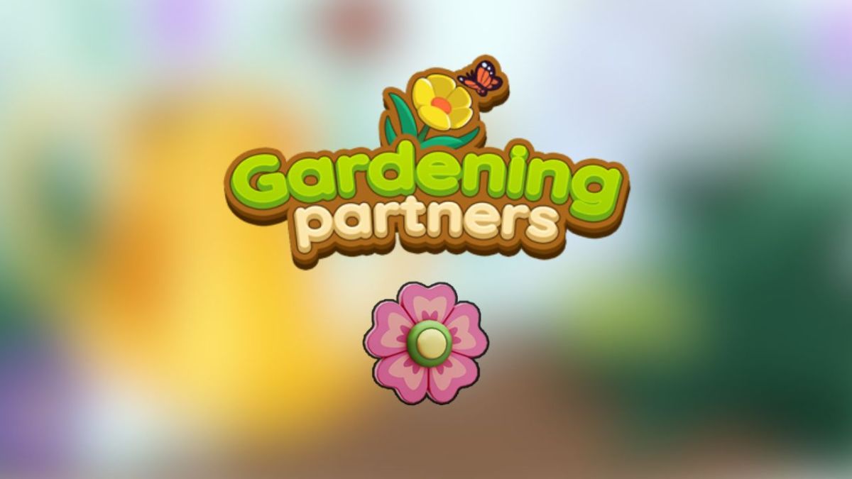 Colorful logo of Gardening Partners featuring stylized green text with a yellow flower and a small butterfly on top, and a larger pink flower below the text, set against a softly blurred multicolored background