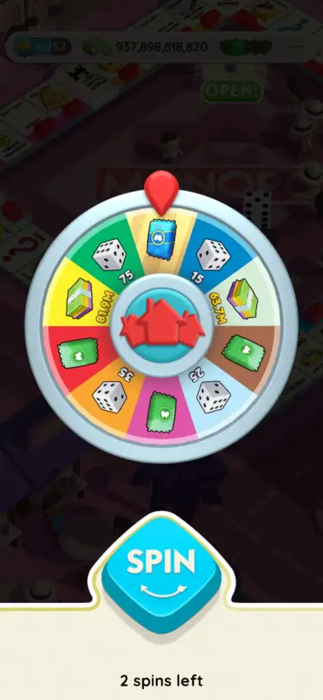 Monopoly GO's Property Wheel showing its various rewards, pointing to a Blue Sticker Pack.