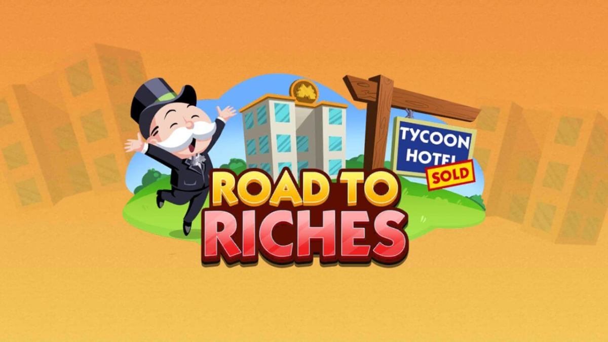 Animated Mr. Monopoly with a top hat cheerfully jumping in front of a 'Road to Riches' sign, with a background of an orange sky and a sold Tycoon Hotel building.
