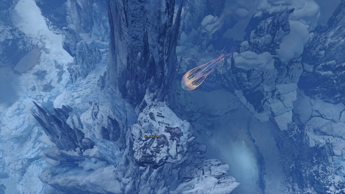 A monster flies above a snowy landscape in Monster Hunter World.