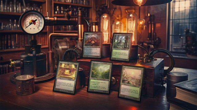 Five MTG cards sit in an old themed library with a number of gadgets placed around them.