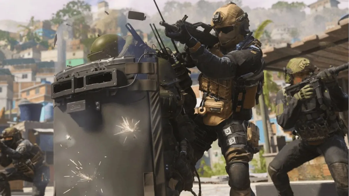 Characters from Call of Duty MW3 take cover behind a Riot Shield.