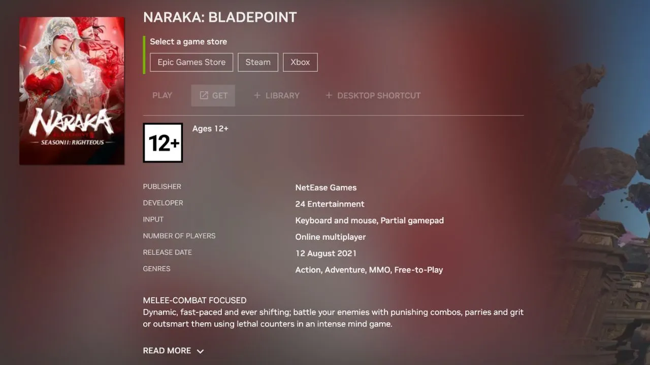 Naraka Bladepoint game page on GeForce Now