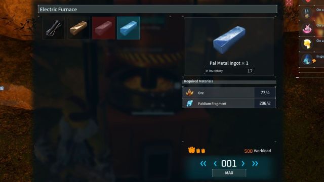 Screenshot of Palworld showing the recipe for crafting Pal Metal Ingot in an Electric Furnace.
