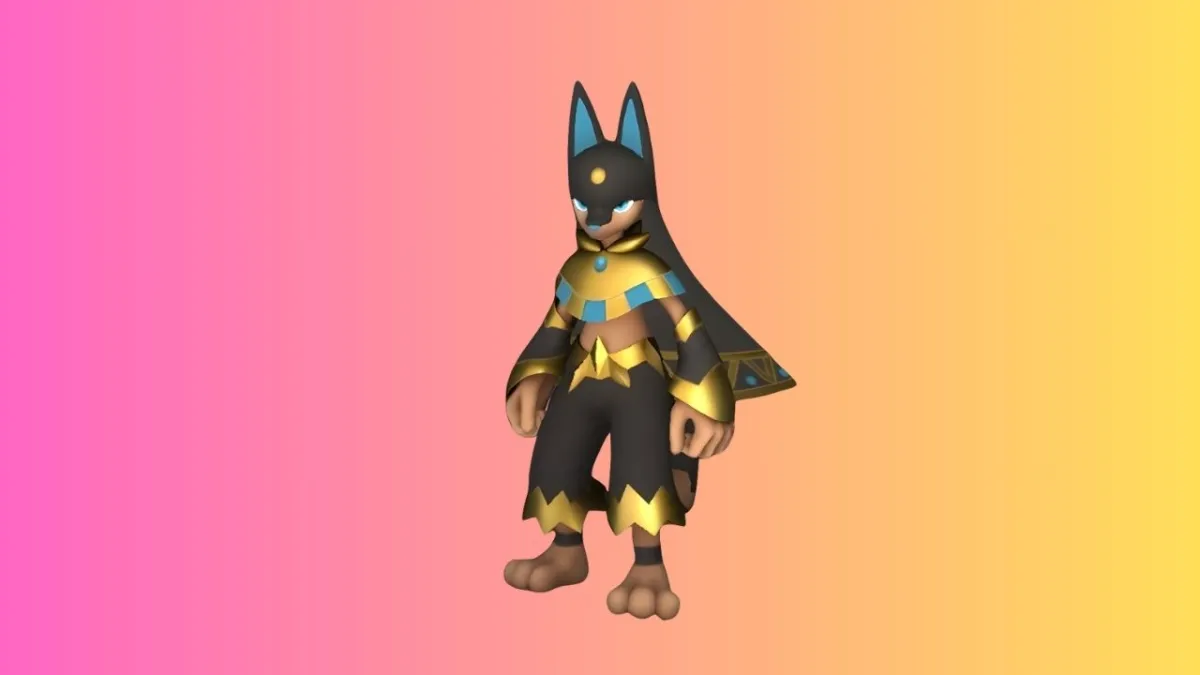 A screenshot of Anubis standing in Palworld on a gradient background.