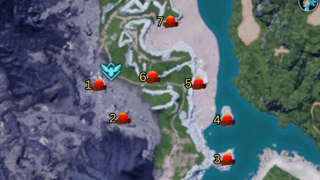 A screenshot of the Volcano biome in Palworld highlighting some egg spots.
