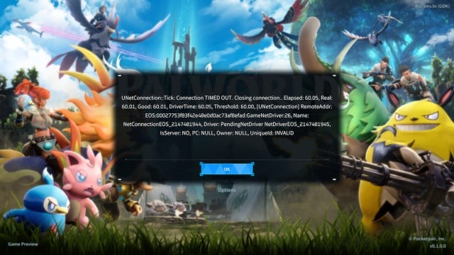 Palworld's Connection Timed Out error screen in-game