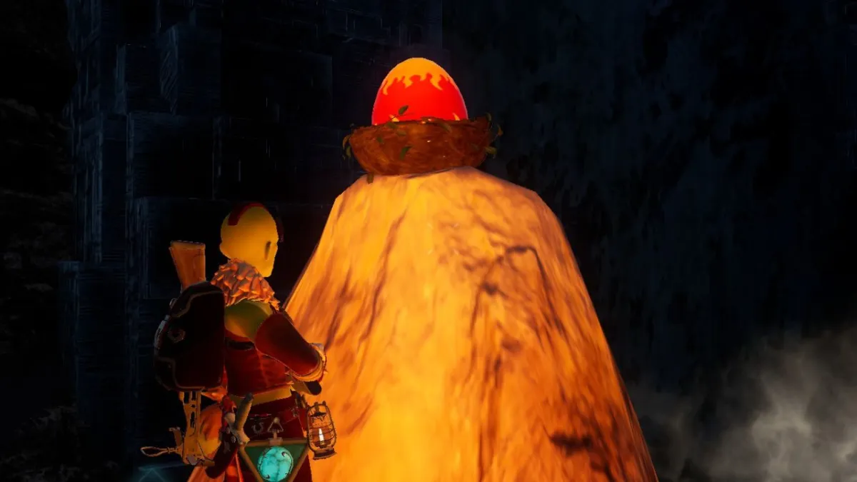 A screenshot of the Palworld player character staring at a Scorching Egg.