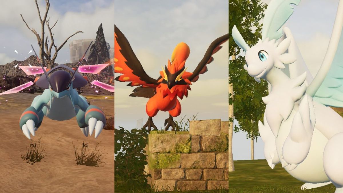 A split-screen image showing Jetragon, Ragnahawk, and Quivern in Palworld.