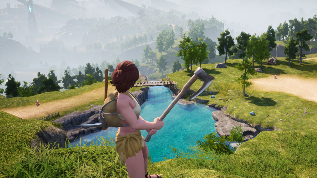 A Palworld player looking out over the forests and grasslands and water.