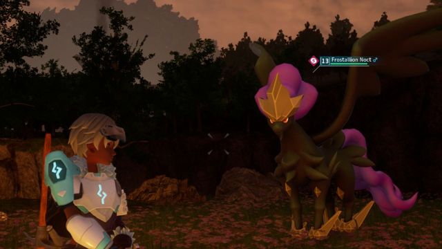 A screenshot of the player character in Palworld standing in front of a newly hatched Frostallion Noct.
