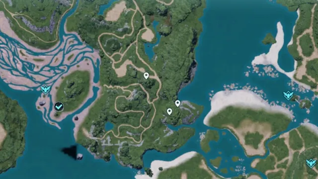 A screenshot of the Palworld map with white markers showing possible spawn locations of Huge Verdant Eggs.