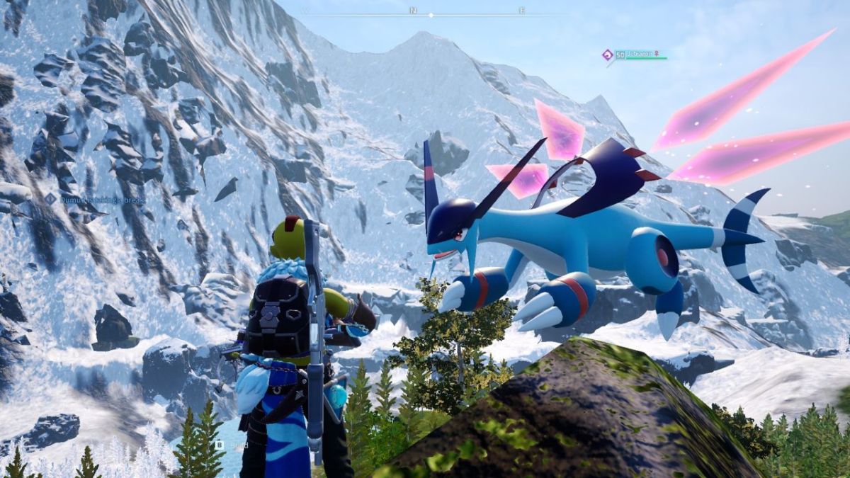 A Palworld screenshot showing a player's Jetragon hovering over a mountain.