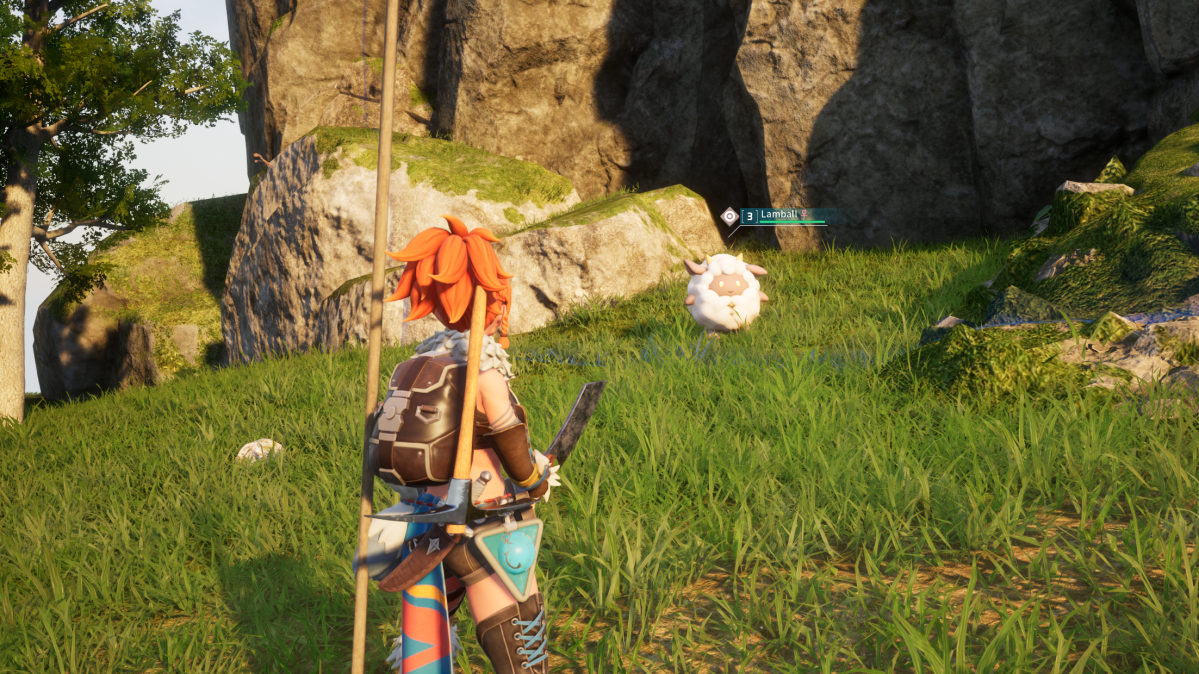 A Palworld player staring at Lamball with Meat Cleaver in hand.