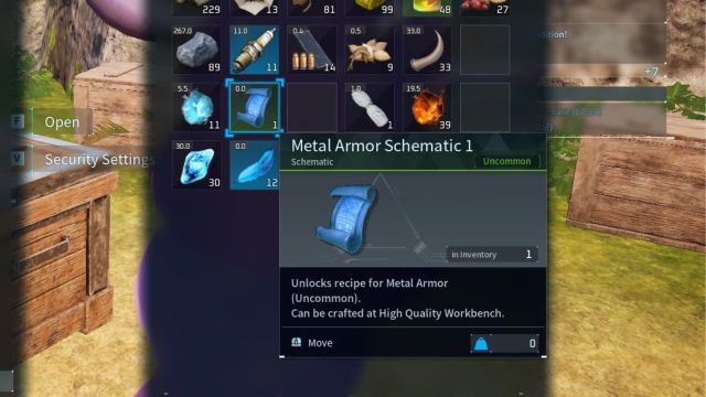 A zoomed-in Palworld screenshot highlighting the Metal Armor Schematic in the player's inventory.