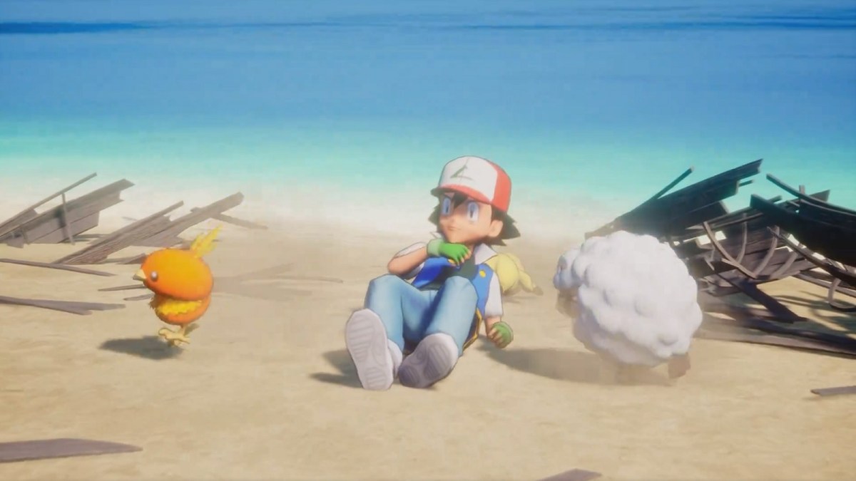 Palworld Pokemon mod Ash Ketchum laying on beach