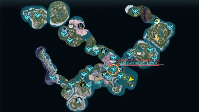 A screenshot of the Palworld map highlighting the central position of the Rayne Syndicate Tower.