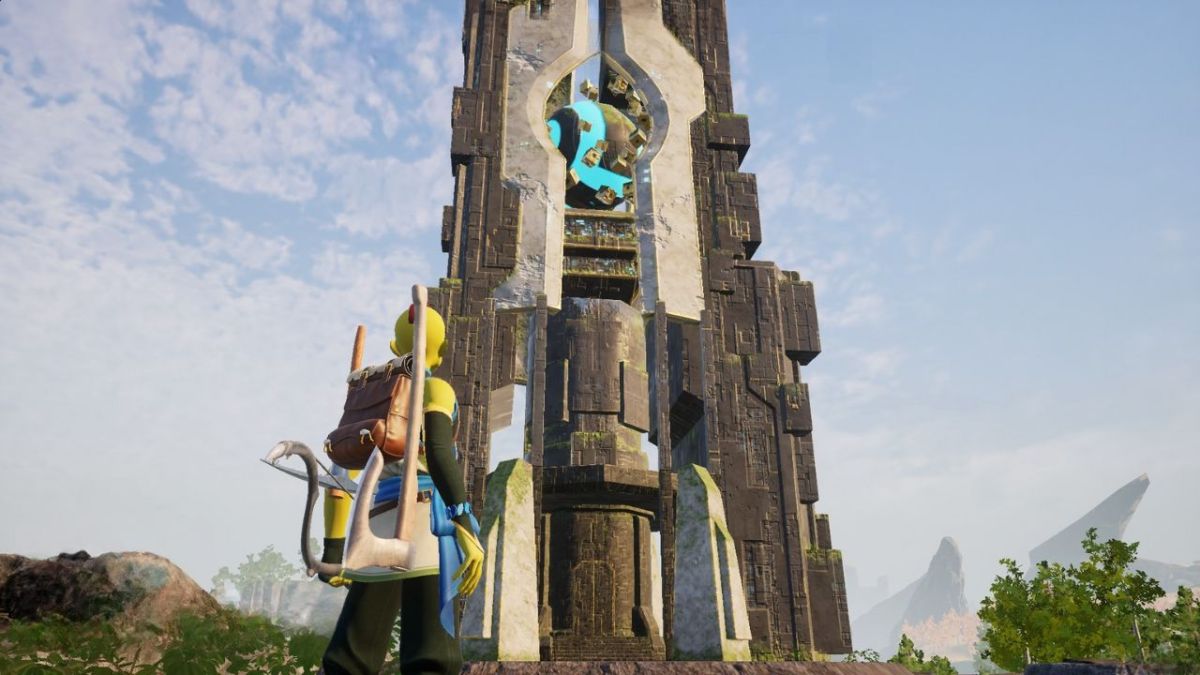 A screenshot of Palworld of the player character in front of the Rayne Syndicate Tower.