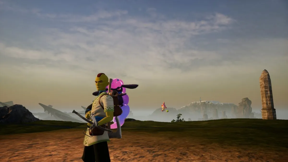Screenshot of the Palworld player character looking at the camera, with the horizon behind him.