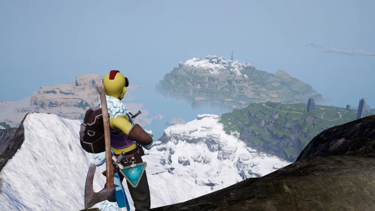 The player character in Palworld on top of a mountain looking down to smaller islands.