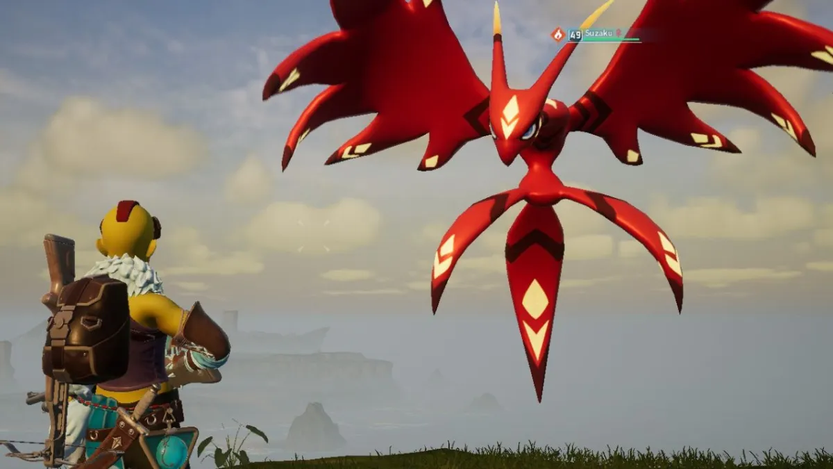 Suzaku staring at the player character in Palworld while flying.