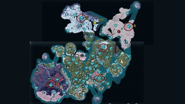 A screenshot of the Palworld map showing all tower locations with numbers next to them.
