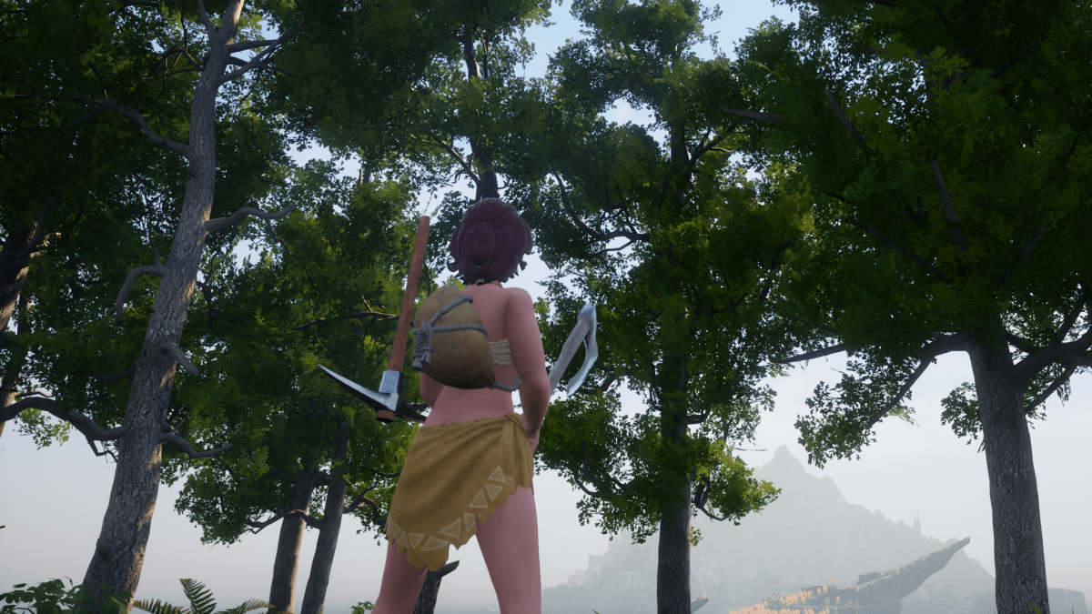 A Palworld player looking at trees with a stone axe in hand.