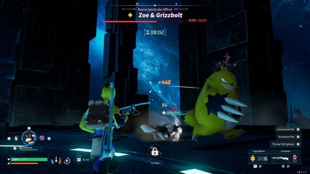 A screenshot of Palworld showing the player character holding a Crossbow while fighting Zoe and Grizzbolt inside Rayne Syndicate Tower.