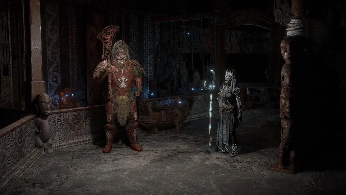 Two characters stand guarding with equipment in Path of Exile.