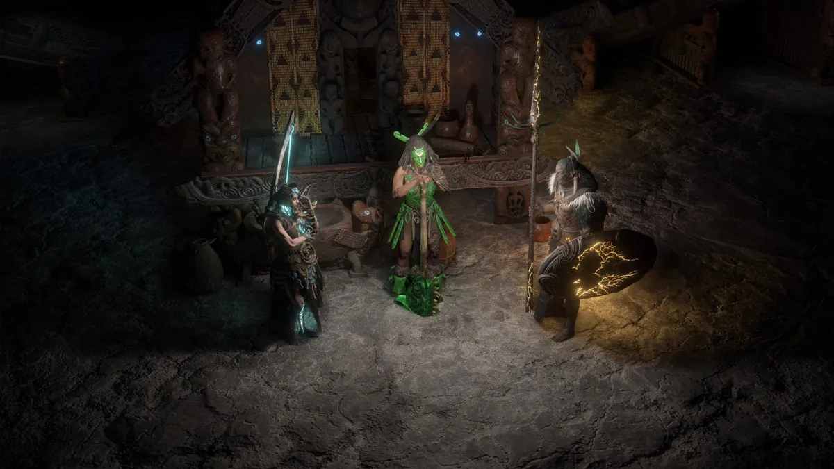 A number of characters in full gear stand in a stone room in Path of Exile.