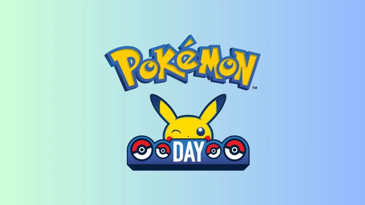 Logo for Pokémon Day featuring a cheerful Pikachu above a blue banner with Pokéball designs and the text Pokémon DAY in bold letters.