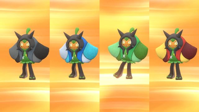 A four-panel image showing all four Ogerpon forms side by side in Pokémon SV.