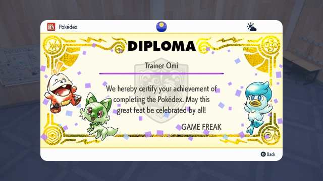 A screenshot of Pokémon SV diploma for catching all Pokémon in the game.