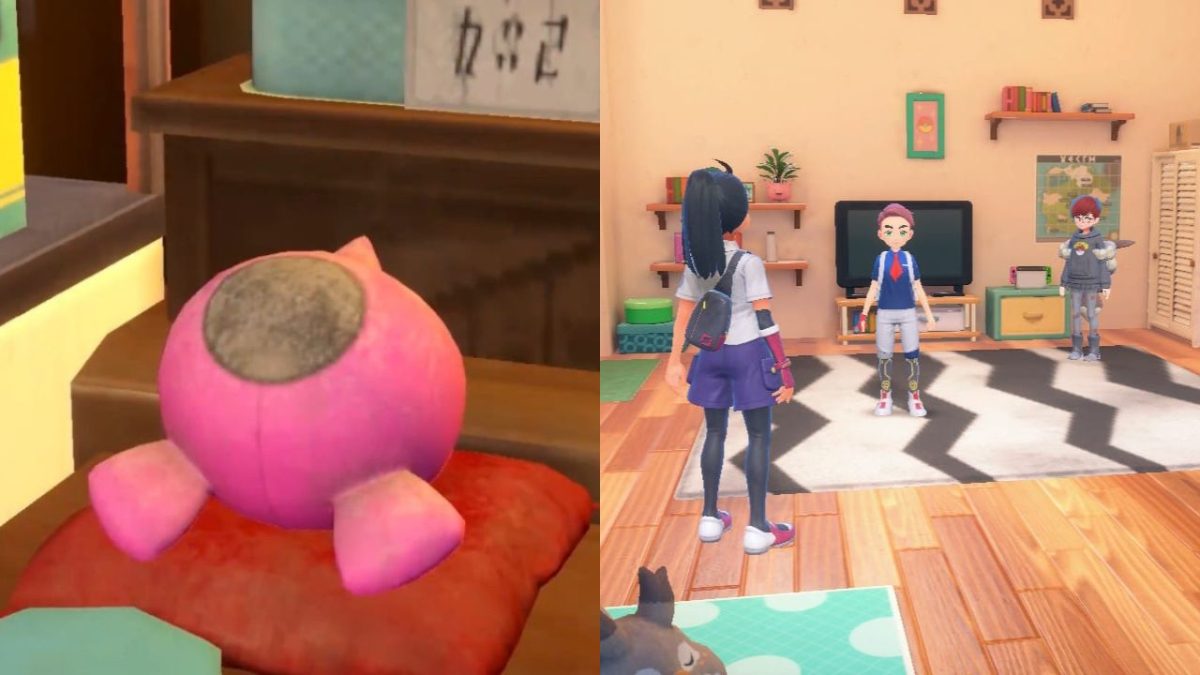 A split screen image showing the Mythical Pecha Berry on the left and the Pokémon protagonist with his friends on the right.