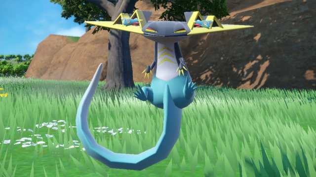 A Pokémon SV screenshot of a shiny Dragapult staring at the camera.