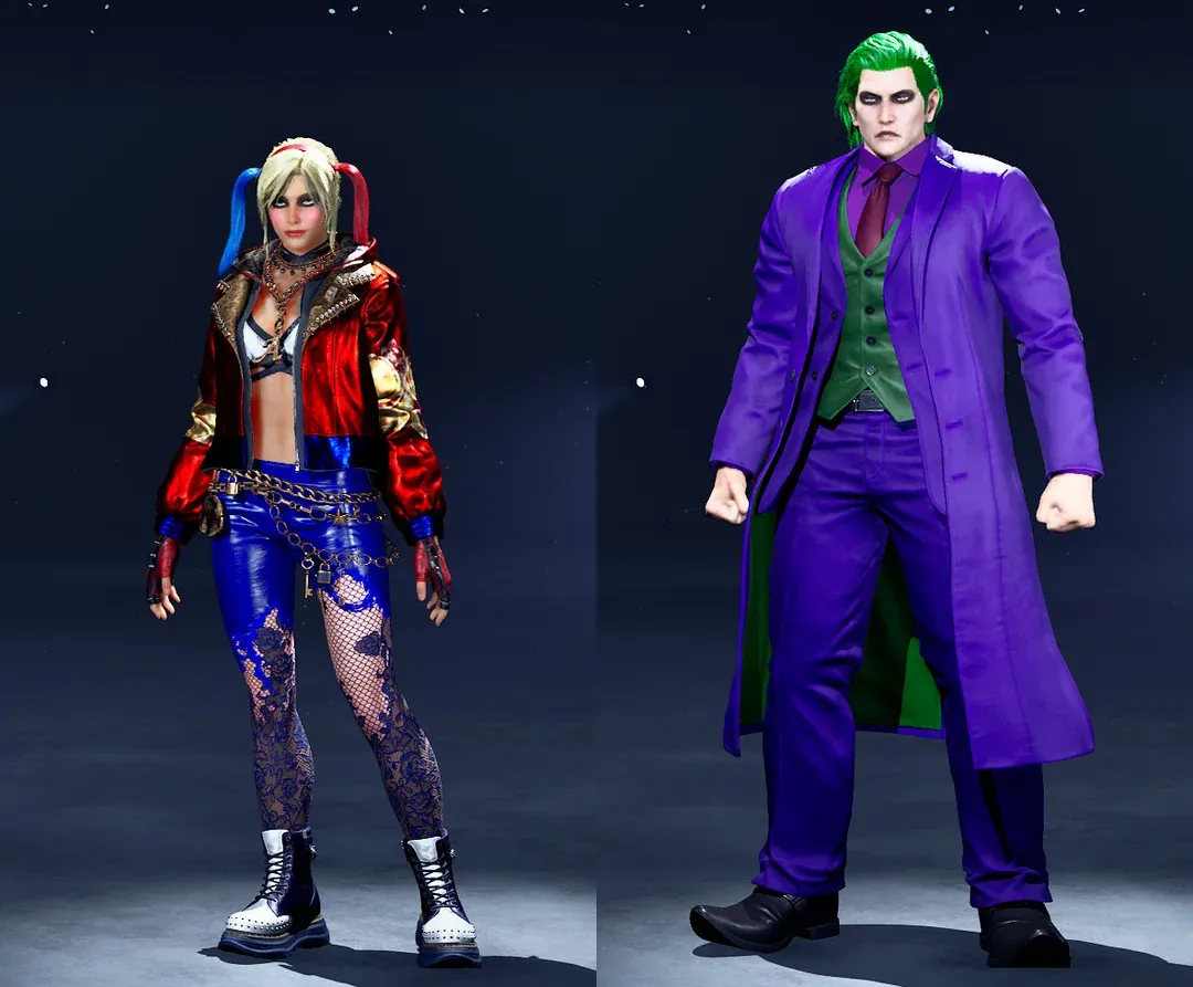 A screenshot of the Harley Quinn Acuzena and Joker Claudio character customization from Tekken 8.