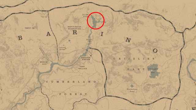 Water body under Calumet Ravine circled on the RDR2 map