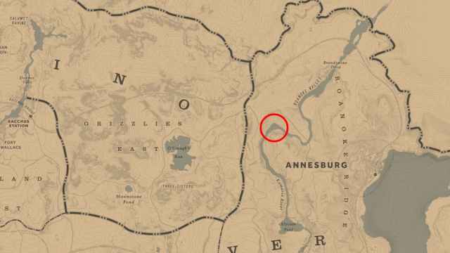Wide U-Turn of Kamassa River above Annesburg circled on the RDR2 map