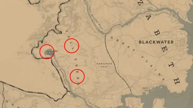 Moose locations in Tall Trees circled on the rdr2 map