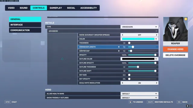 Recommended crosshair settings for Reaper in Overwatch 2.