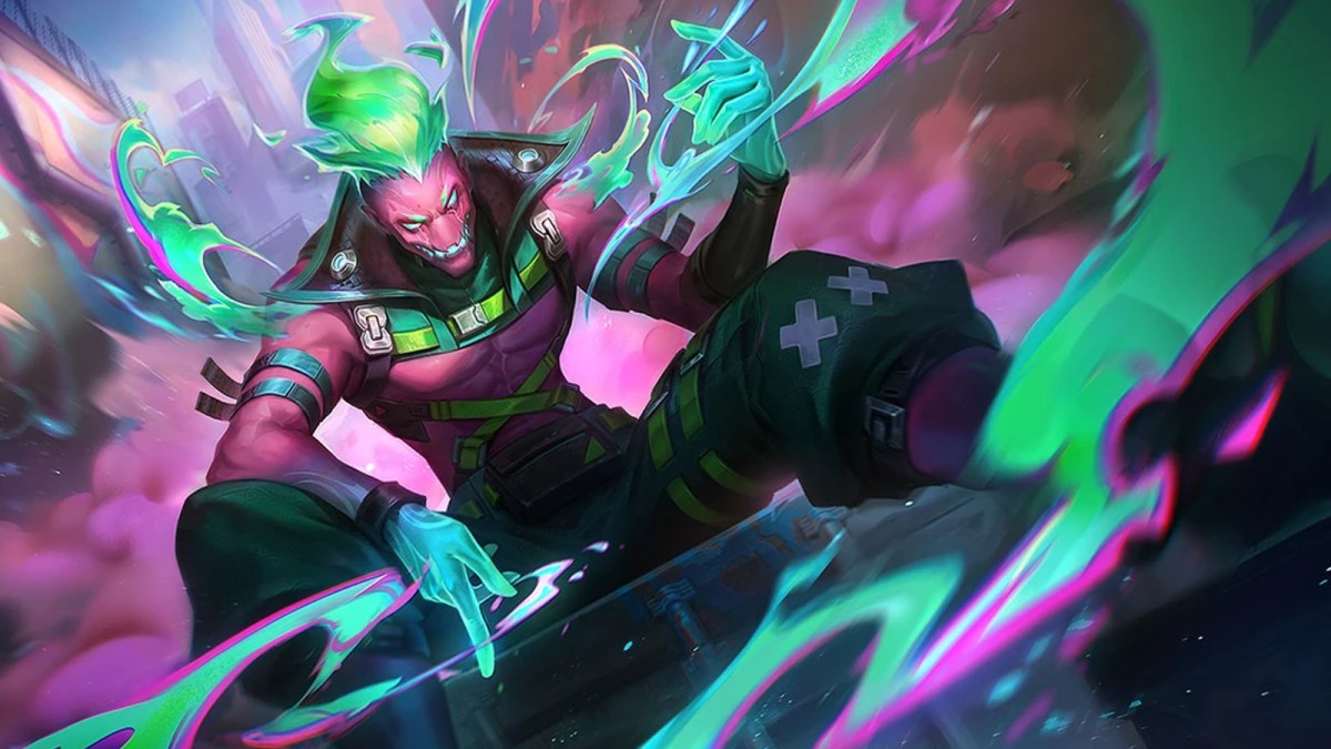 Glitch-pop Brand from League of Legends sits surrounded by animated fire