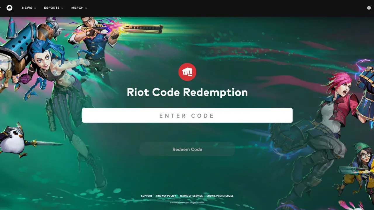 The Riot Games code redemption page, on the official website with an entry box displayed.