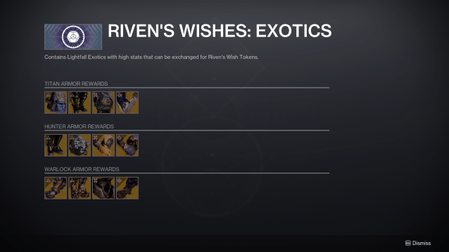 All 12 of the Exotic armor pieces available in Riven's Wishes.