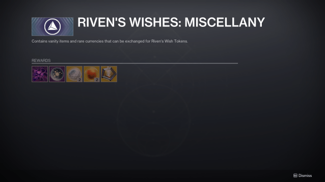 The five miscellaneous rewards available from Riven's Wishes, including Exotic currencies and Mementos.