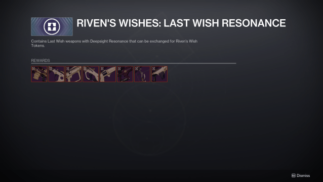 An image showing the eight available Last Wish weapons in Riven's Wishes.