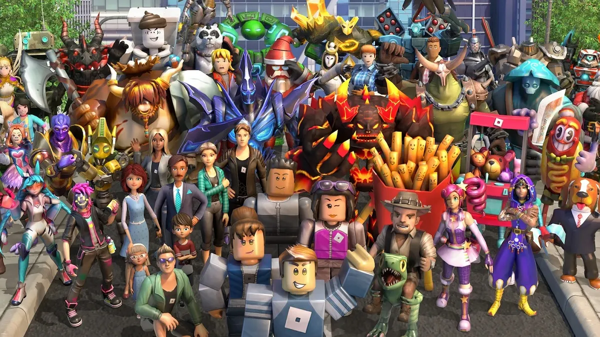 A crowd of Roblox characters stand and wave