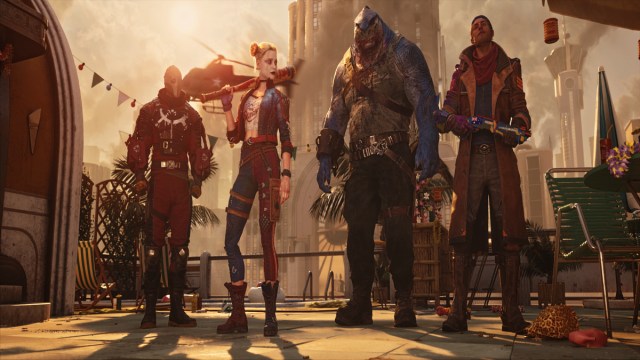 Deadshot, Harley Quinn, King Shark, and Captain Boomerang facing the camera in Suicide Squad: Kill the Justice League.