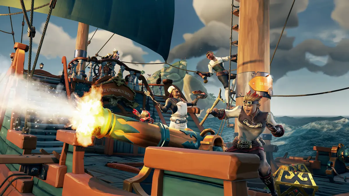 A crew of four pirates sailing on the Galleon with one manning the cannon