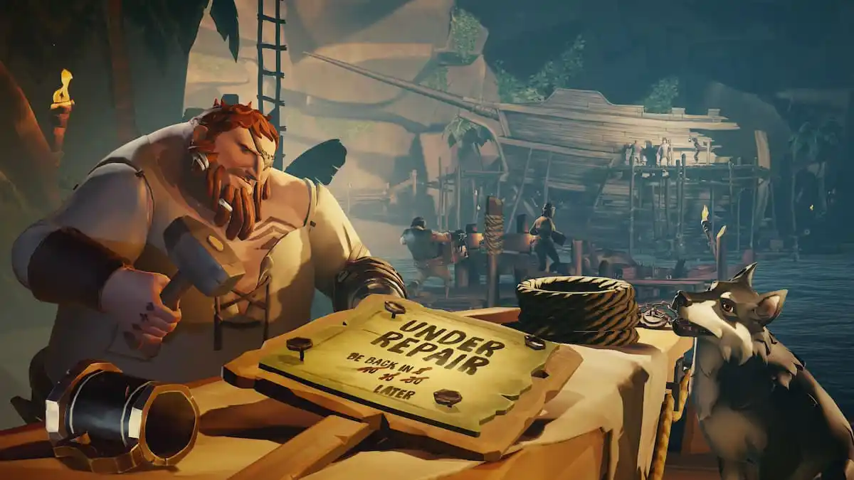 A Sea of Thieves NPC hammering down the Under Repair sign