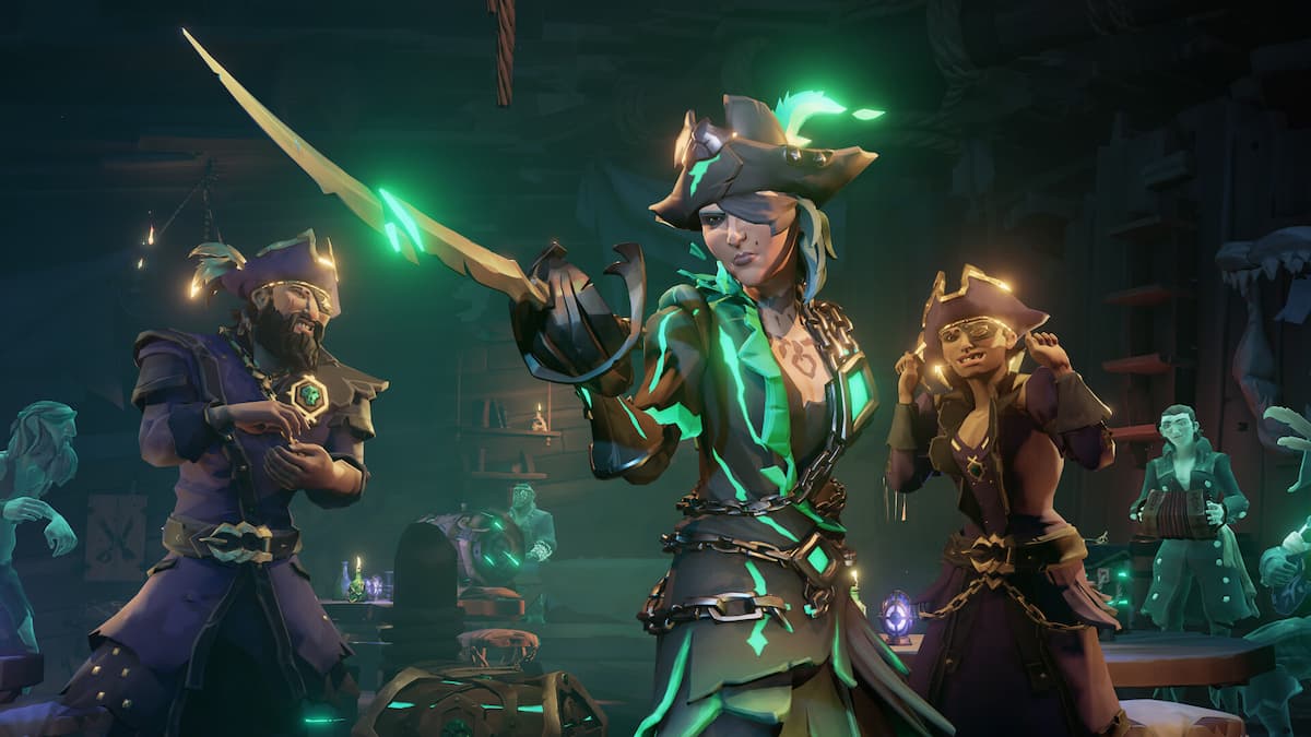 Pirates wearing Pirate Legend clothing in Sea of Thieves